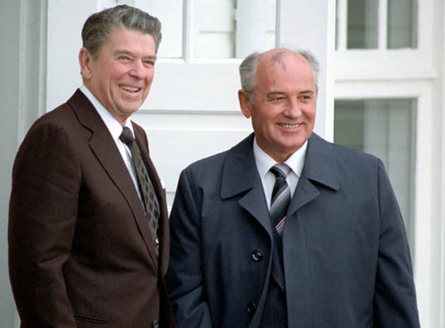 President Reagan and Secretary General Mikhail Gorbachev in Reykjavik, Iceland at the Hofdi House.