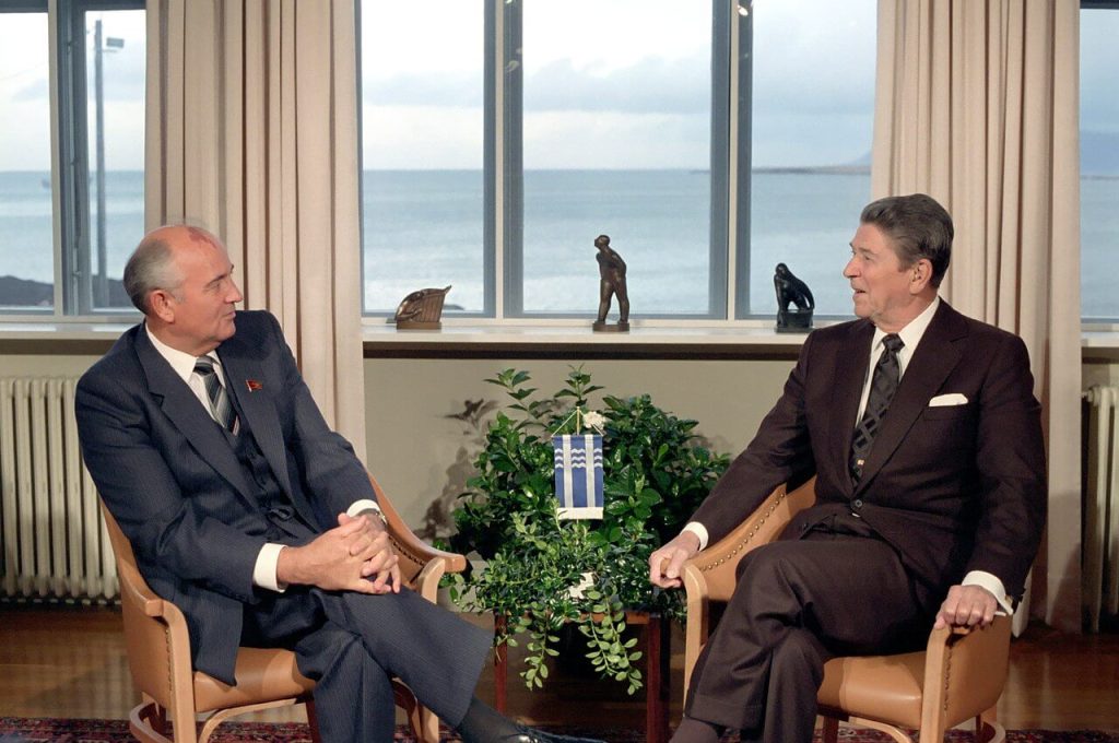 President Reagan meeting with Soviet General Secretary Gorbachev at Hofdi House during the Reykjavik Summit Iceland.