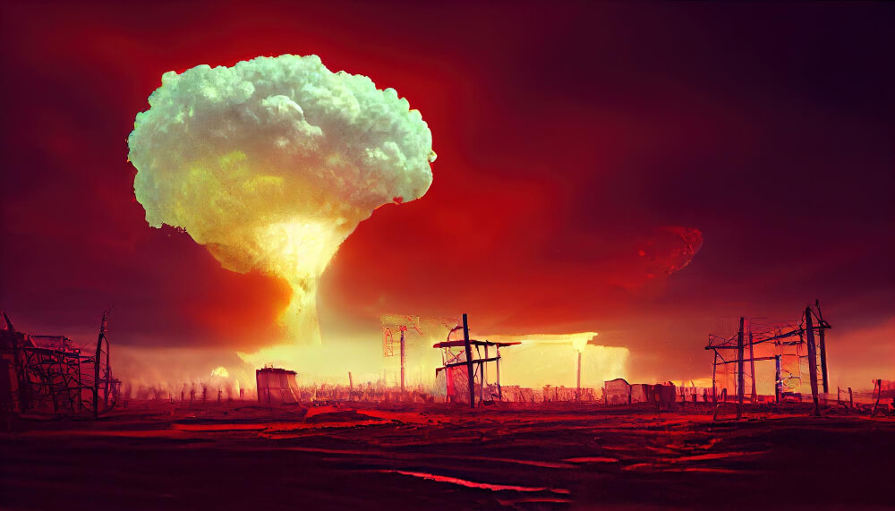 Atomic bomb city symbol war end world nuclear explosion catastrophe.