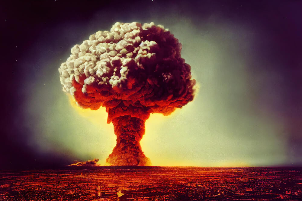 Atomic bomb city symbol war end world nuclear explosion catastrophe 3d illustration.