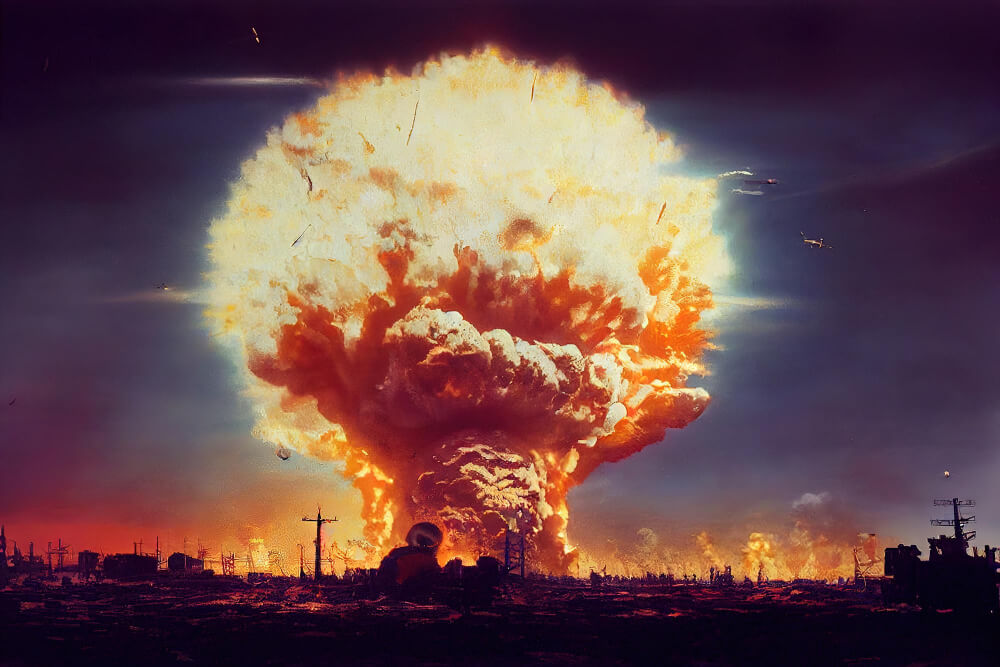 Atomic bomb city symbol war end world nuclear explosion catastrophe.