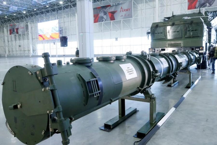 Components of a Russian cruise missile system are displayed near Moscow. The U.S. has for years accused Russia of violating the INF Treaty.