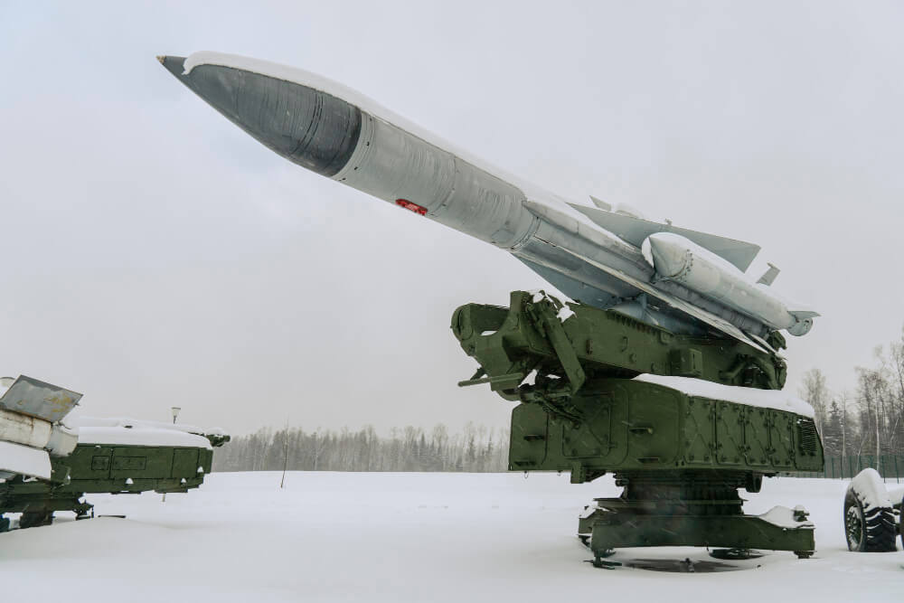 Ground air missiles snow winter air defense defensive system rockets winter forest.