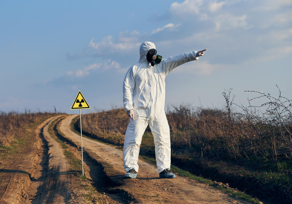 Man protective coverall gas mask standing village road field caution sign.
