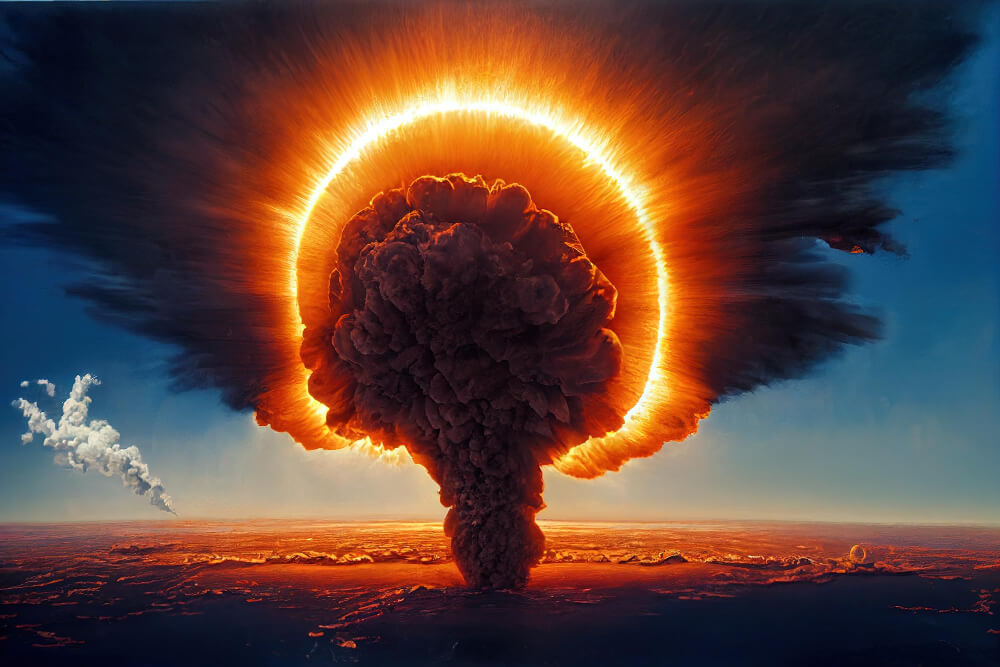 Modern nuclear bomb explosion small citygenerative ai.