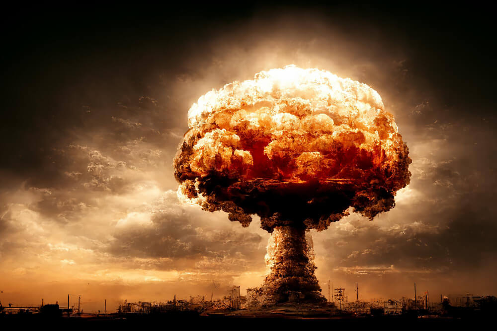 Nuclear mushroom huge bomb explosion city 3d artwork apocalyptic illustration.