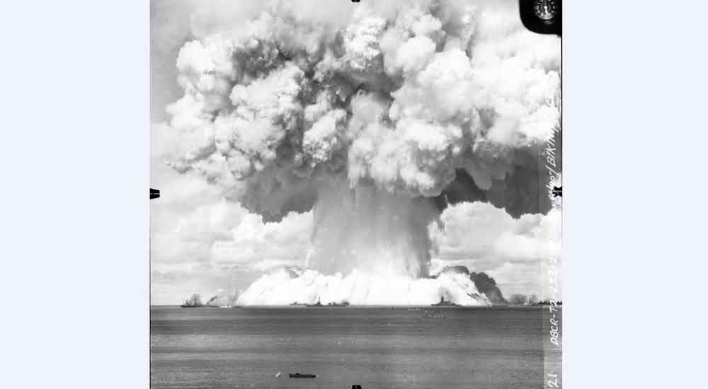 The "Baker Day" atomic bomb explodes at Bikini Atoll, Marshall Islands.