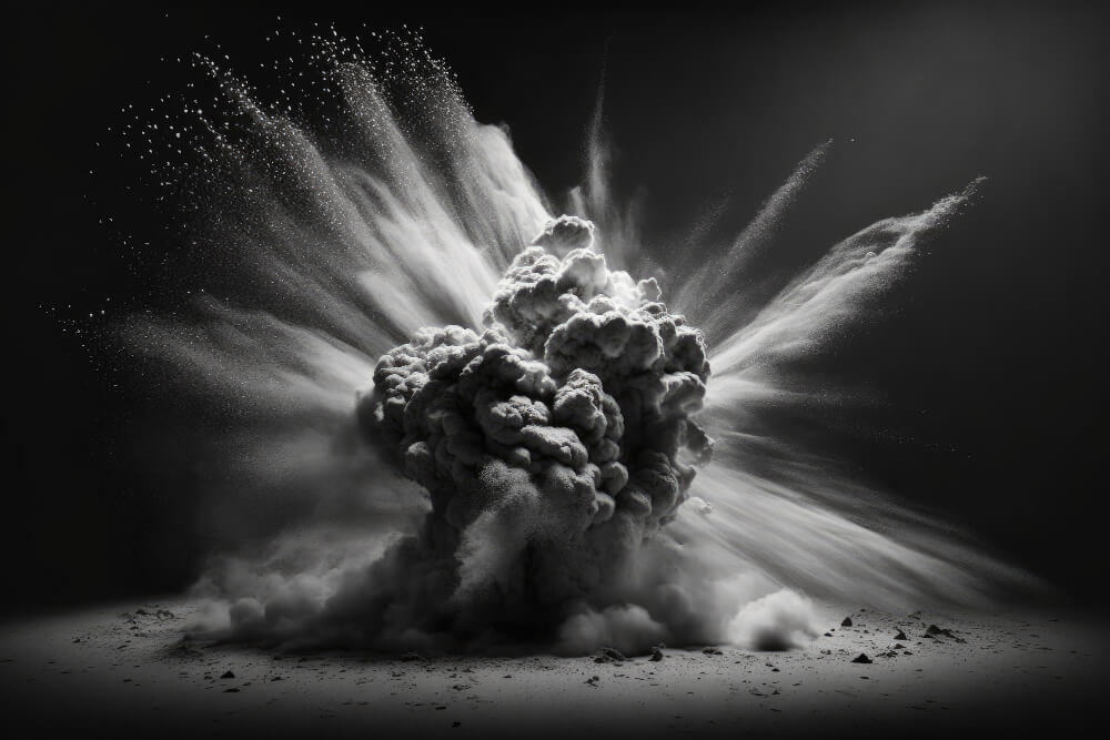 White dust eruption slow motion dark background.