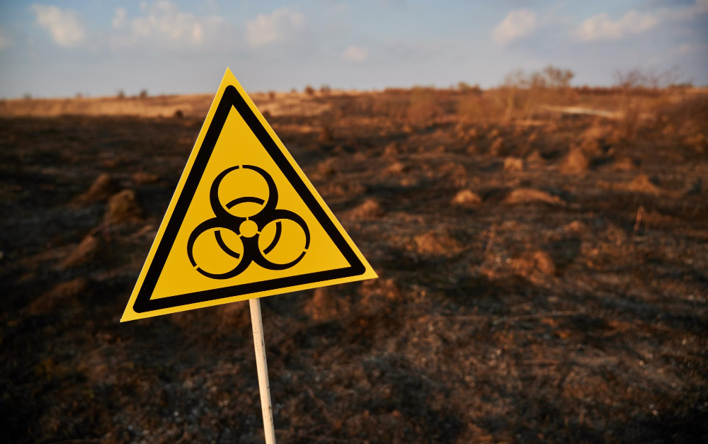 Yellow biohazard sign installed scorched field with burnt anthills.